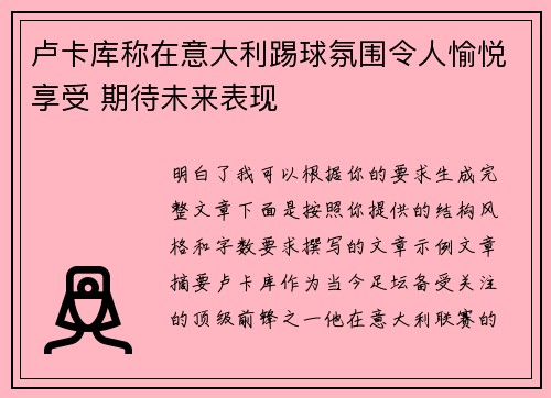 卢卡库称在意大利踢球氛围令人愉悦享受 期待未来表现