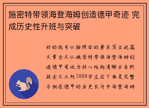 施密特带领海登海姆创造德甲奇迹 完成历史性升班与突破